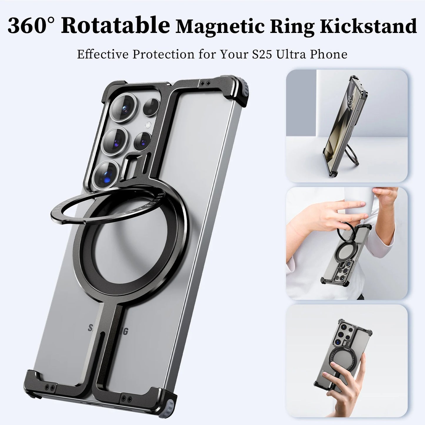 Frameless Magnetic Phone Case for Samsung Galaxy S25 Ultra with Wireless Charging Support & Shockproof Bumper with Ring