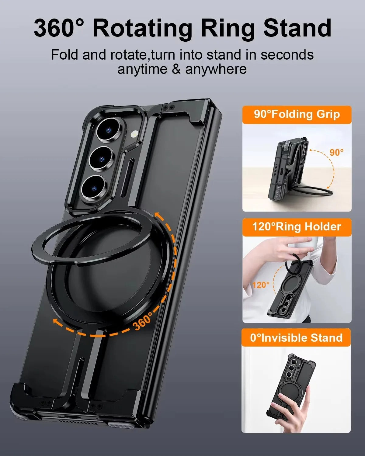 Metal MagSafe Phone Case for Samsung Galaxy Z Fold 6 / Z Fold 5, Aluminum Alloy Shockproof Cover with 360° Rotating Bracket